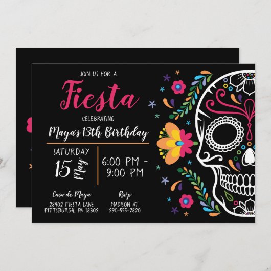 Mexicaanse schedel Floral Fiesta Verjaardag uitnod Kaart (Voorkant / Achterkant)