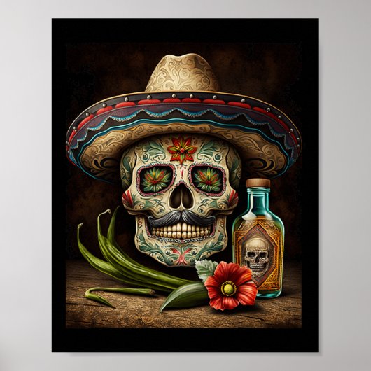 Mexicaanse Schedel Suiker Tequila Sombrero Cinco D Poster (Voorkant)