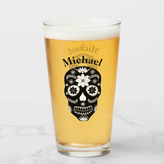 Mexicaanse Schedel Suiker Zwart En Wit 2 Met Naam Glas (Voorkant gevuld)