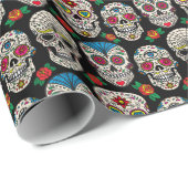 Mexicaanse schedels & Rozen:  ontwerp Cadeaupapier (Rol Hoek)