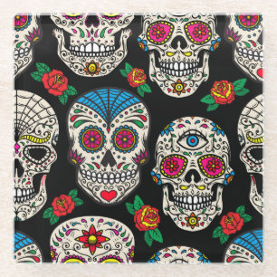 Mexicaanse schedels & Rozen:  ontwerp Glazen Onderzetter