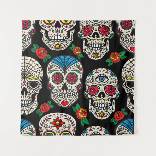 Mexicaanse schedels & Rozen:  ontwerp Wandkleed (Voorkant)