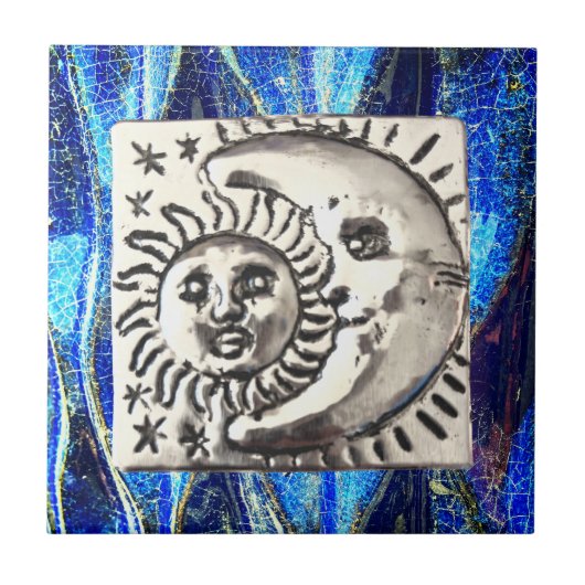 Mexicaanse Silver Moon & Sun op Blue Ceramic Tegeltje (Voorkant)