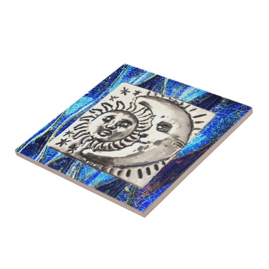 Mexicaanse  Silver Moon & Sun op Blue Ceramic Tegeltje (Zijkant)