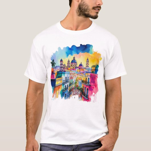 Mexicaanse stad aquarel kunst t-shirt (Voorkant)