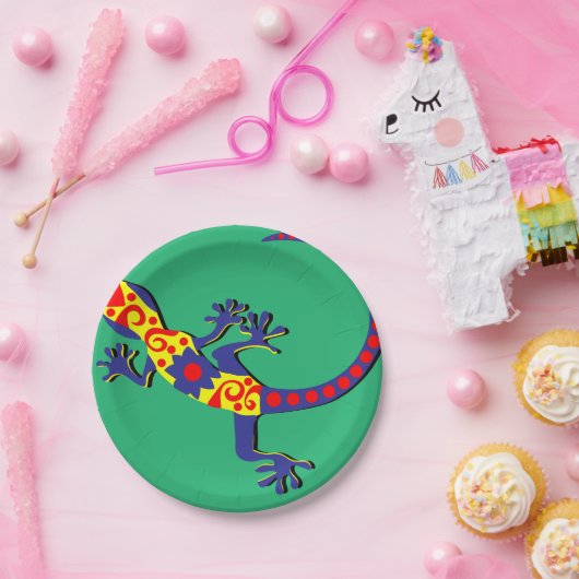 Mexicaanse stijl Blauw, Geel en Rood Gecko Papieren Bordje (Feest)