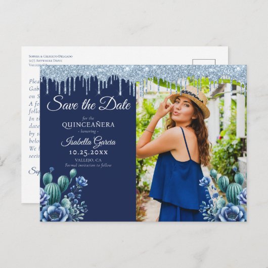 Mexicaanse stijl blauwe Quinceañera Save the Date Briefkaart (Voorkant / Achterkant)