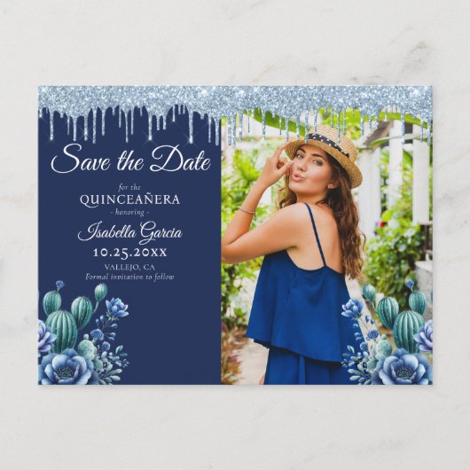 Mexicaanse stijl blauwe Quinceañera Save the Date Briefkaart (Voorkant)