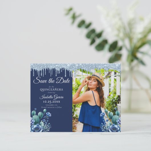 Mexicaanse stijl blauwe Quinceañera Save the Date Briefkaart (Staand voorkant)