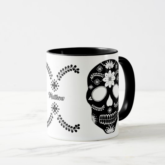 Mexicaanse suikerriet zwarte en witte schedel met  mok (Voorkant rechts)