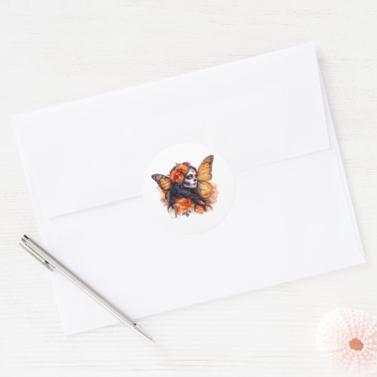 Mexicaanse suikerschedel La Calavera Catrina Stick Ronde Sticker (Envelop)