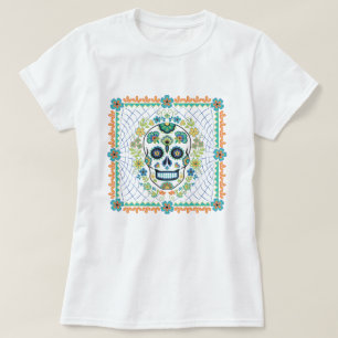 Mexicaanse Suikerschedel met Aqua bloemen T-shirt