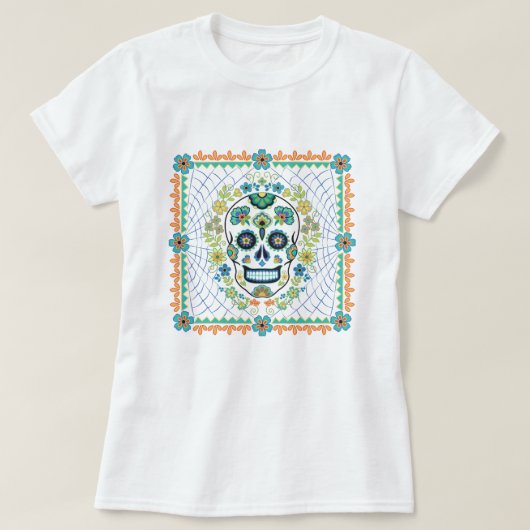 Mexicaanse Suikerschedel met Aqua bloemen T-shirt (Design voorkant)
