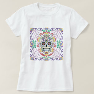 Mexicaanse suikerschedel met blauwe bloemen t-shirt