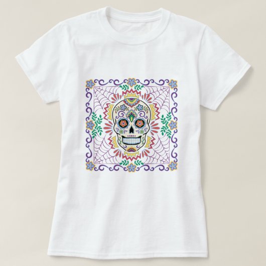 Mexicaanse suikerschedel met blauwe bloemen t-shirt (Design voorkant)