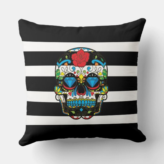 Mexicaanse suikerschedel met zwarte strepen, griez kussen (Achterkant)