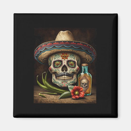 Mexicaanse Suikerschedel Tequila Sombrero Cinco De Magneet (Voorkant)
