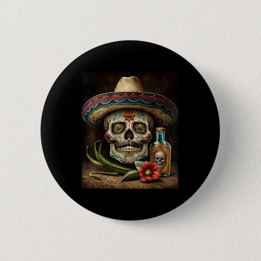 Mexicaanse Suikerschedel Tequila Sombrero Cinco De Ronde Button 5,7 Cm (Voorkant)