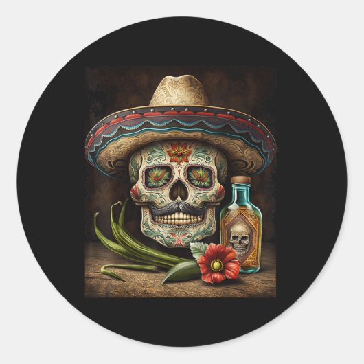 Mexicaanse Suikerschedel Tequila Sombrero Cinco De Ronde Sticker (Voorkant)