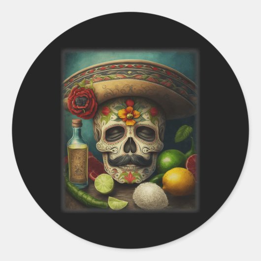 Mexicaanse Suikerschedel Tequila Sombrero Cinco De Ronde Sticker (Voorkant)