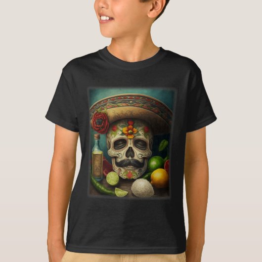 Mexicaanse Suikerschedel Tequila Sombrero Cinco De T-shirt (Voorkant)