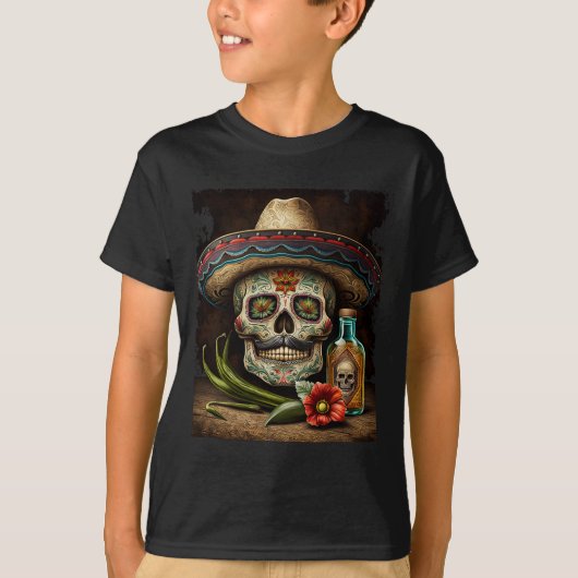 Mexicaanse Suikerschedel Tequila Sombrero Cinco De T-shirt (Voorkant)