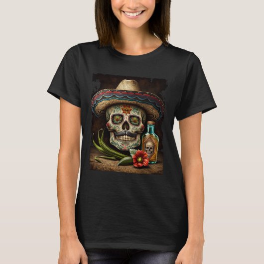 Mexicaanse Suikerschedel Tequila Sombrero Cinco De T-shirt (Voorkant)