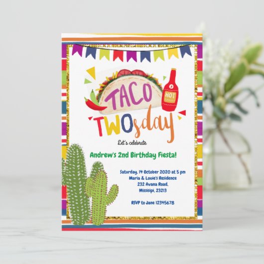 Mexicaanse Taco Twosday Birthday Uitnodiging (Staand voorkant)