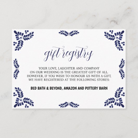 Mexicaanse Talavera Blue Floral Minimalist Wedding Informatiekaartje (Voorkant)