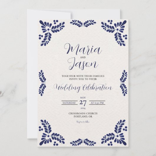 Mexicaanse Talavera Blue Floral Minimalist Wedding Kaart (Voorkant)