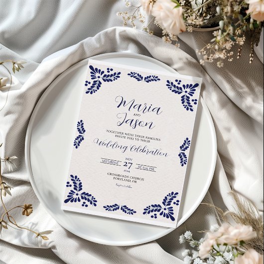 Mexicaanse Talavera Blue Floral Minimalist Wedding Kaart