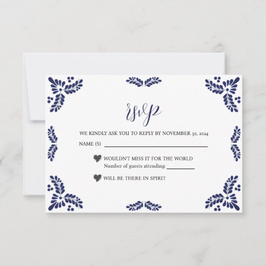 Mexicaanse Talavera Blue Floral Minimalist Wedding RSVP Kaartje (Voorkant)