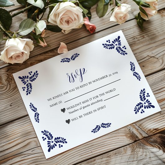 Mexicaanse Talavera Blue Floral Minimalist Wedding RSVP Kaartje