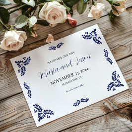 Mexicaanse Talavera Blue Floral Minimalist Wedding Save The Date