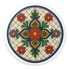 Mexicaanse Talavera Fancy Bloemen Folk Art Grid Kn Keramische Knop