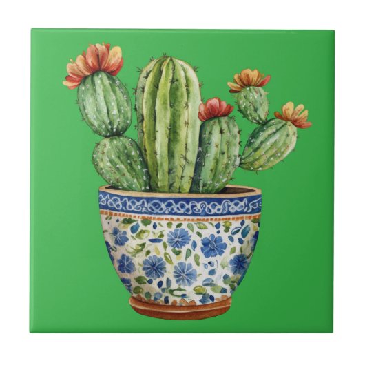 Mexicaanse Talavera Hacienda Style Cactus Tegel Tegeltje (Voorkant)