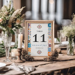 Mexicaanse Talavera Kleurrijke Floral Fiesta bruil Kaart<br><div class="desc">Dit Mexicaanse Talavera Kleurrijke Floral Fiesta Trouwtafel Nummer ontwerp heeft levendige, symmetrische randen geïnspireerd op traditionele Talavera patronen, met ingewikkelde geometrische motieven die langs beide zijden lopen. Het kleurenpalet bevat klassieke Talavera-tinten zoals kobaltblauw, sinaasappel en turkoois, in navolging van het keramische kunstenaarschap van Puebla, Mexico. De centrale ruimte wordt omlijst...</div>