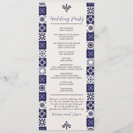 Mexicaanse Talavera Majolica Marine Blauw Wit Huwe Programmakaart (Achterkant)