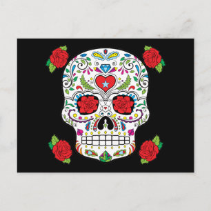 Mexicaanse Tattoo Sugar Skull en Red Roses Briefkaart