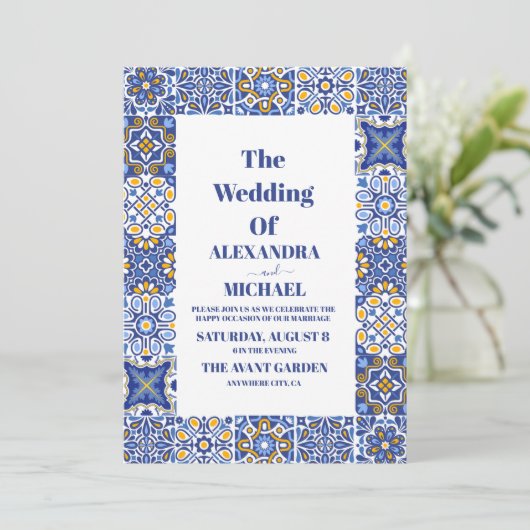 Mexicaanse Tegel Bloemenbruiloft Kaart (Staand voorkant)
