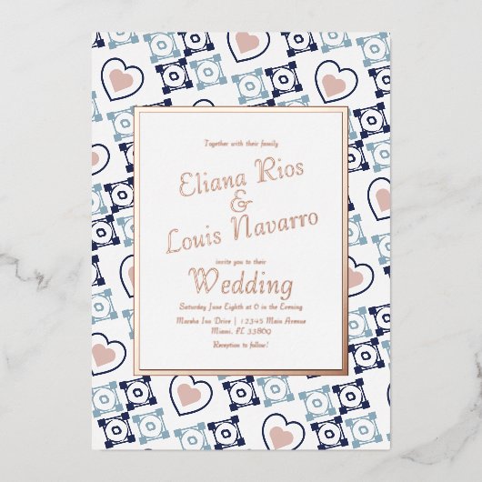 Mexicaanse Tegel Heart Talavera Blue Wedding geper Folie Uitnodiging (Voorkant)