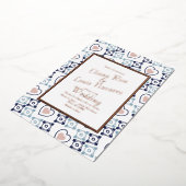 Mexicaanse Tegel Heart Talavera Blue Wedding geper Folie Uitnodiging (Gedraaid)