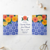 Mexicaanse Tile Marigolds Wedding Tri-Fold Uitnodi Drieluik Uitnodiging (Binnen)