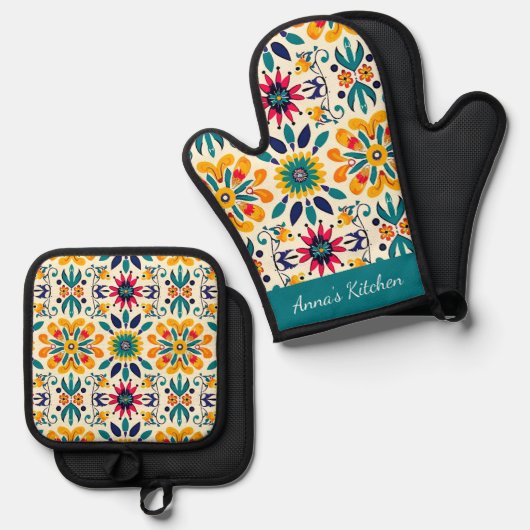 Mexicaanse Titel Patroon Oven Mitt en Pothouders Ovenwant & Pannenlap Set (Voorkant / Achterkant)