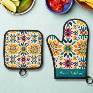 Mexicaanse Titel Patroon Oven Mitt en Pothouders Ovenwant & Pannenlap Set