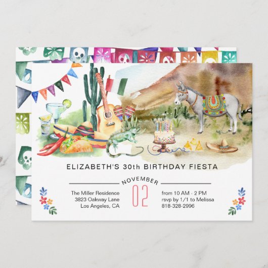 Mexicaanse uitnodiging voor Fiesta Birthday Party (Voorkant / Achterkant)