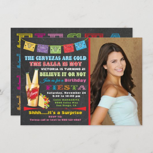 Mexicaanse uitnodiging voor Fiesta Birthday Party (Voorkant / Achterkant)