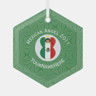 Mexicaanse Vlag Engel Groen Wit Jaar Naam Zeshoek Glas Ornament