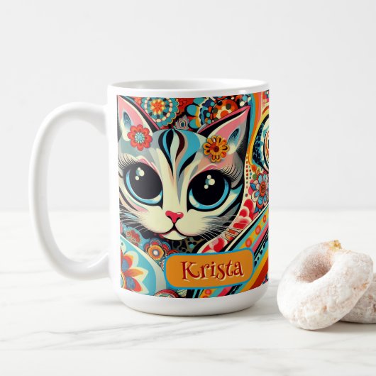 Mexicaanse volkskunst Abstracte kitty cat geperson Koffiemok (Met donut)