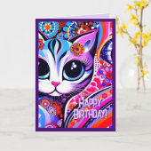 Mexicaanse Volkskunst Abstracte Kitty Cat Verjaard Kaart (Gele Bloem)